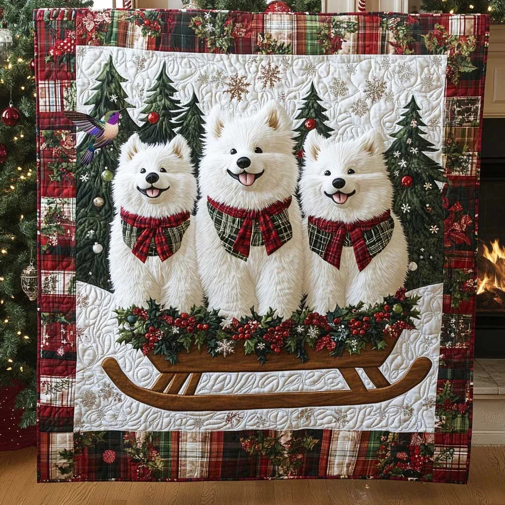 Samoyed Sleigh Ride Quilt Blanket