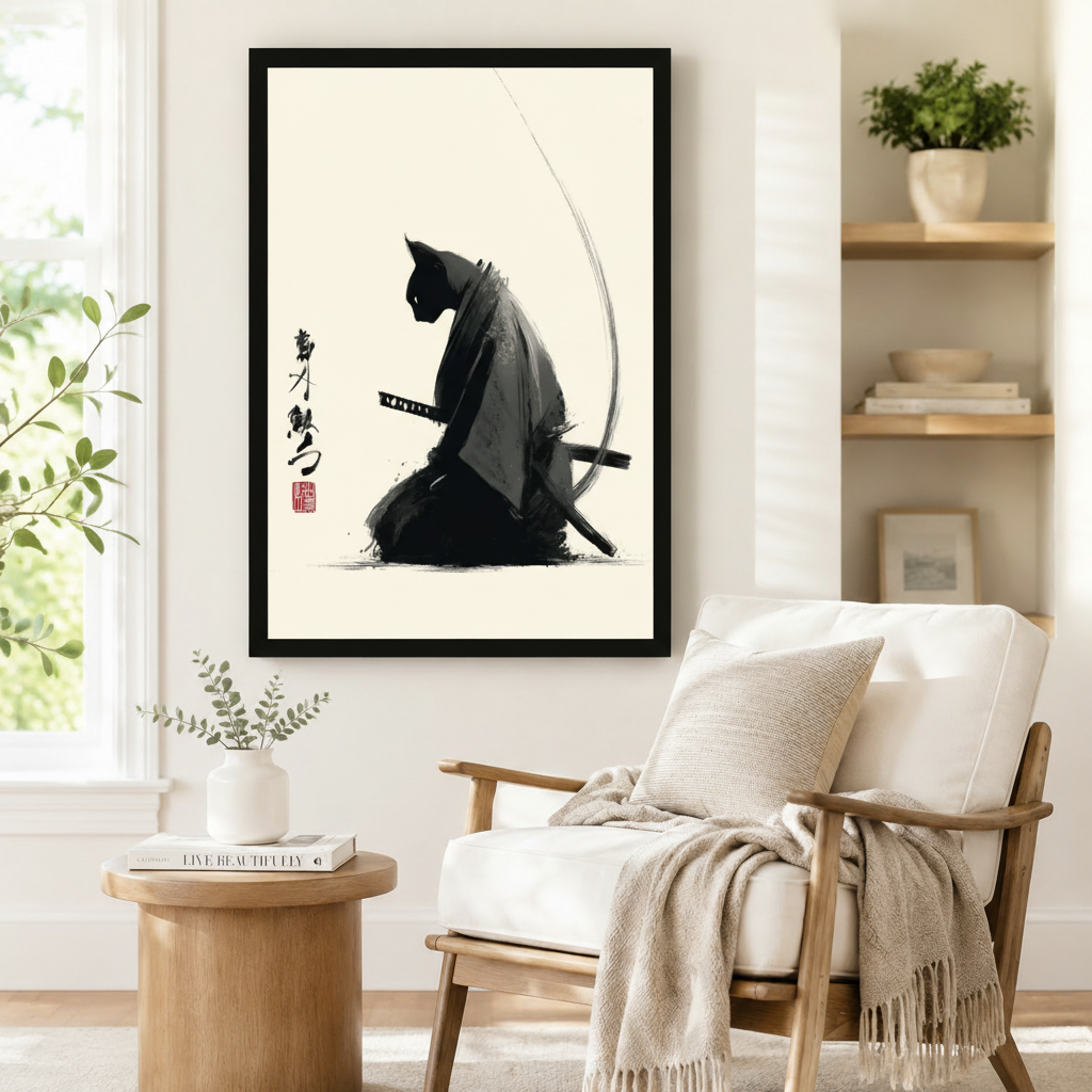 Japanese Ink Samurai Cat Canvas Wall Art