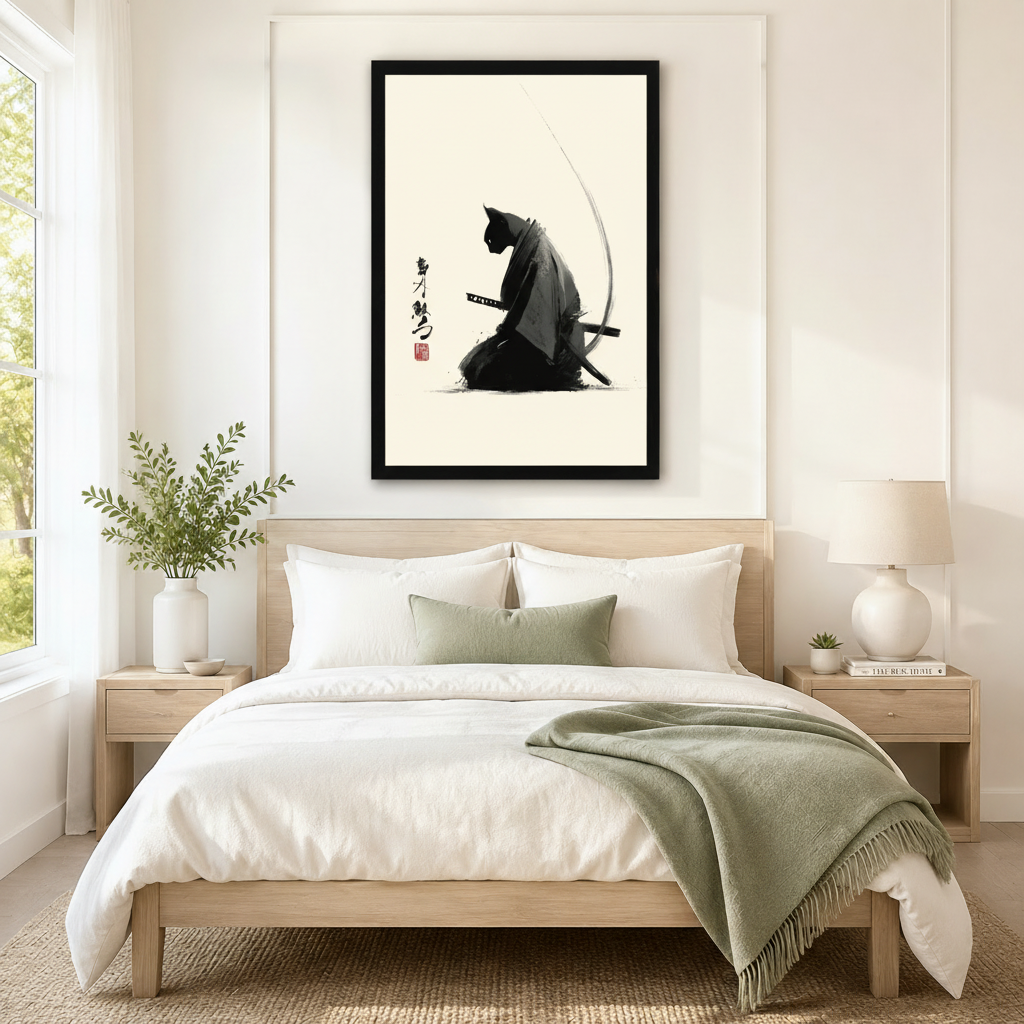 Japanese Ink Samurai Cat Canvas Wall Art