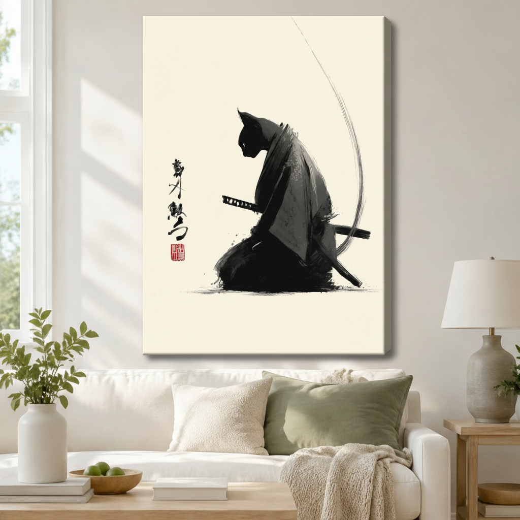 Japanese Ink Samurai Cat Canvas Wall Art