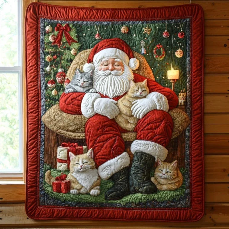 Santa And Cats Quilt Blanket