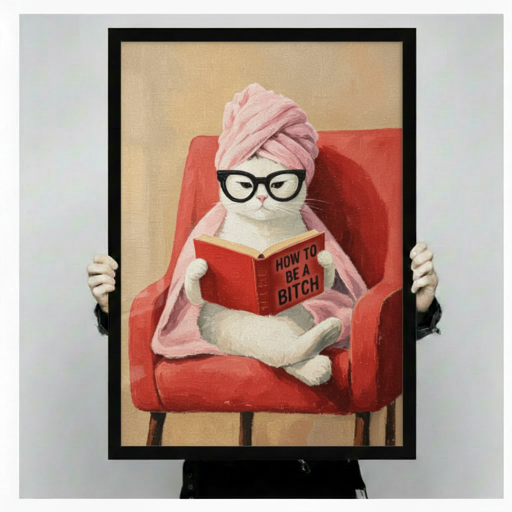 Funny Cat Reading Framed Canvas Wall Art
