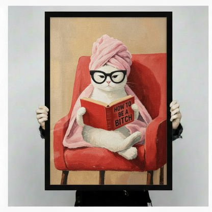 Funny Cat Reading Framed Canvas Wall Art