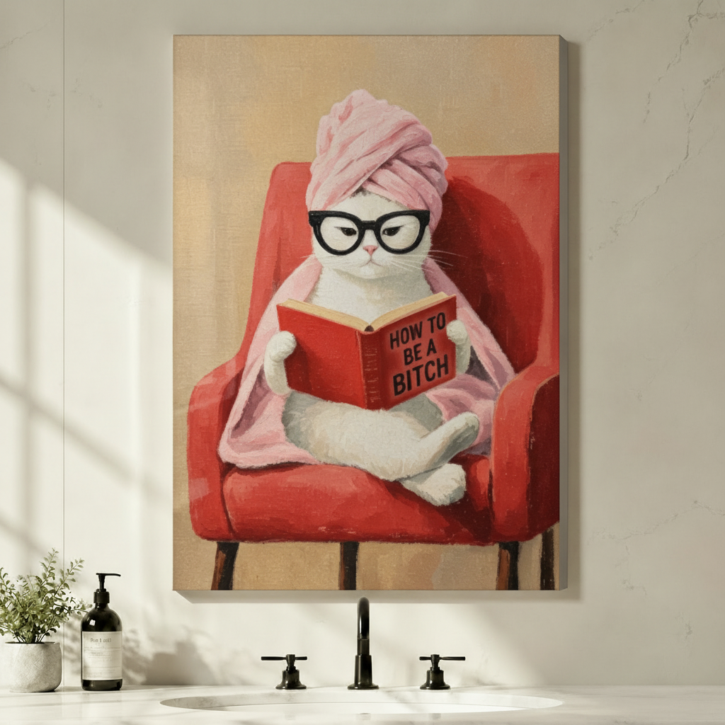 Funny Cat Reading Framed Canvas Wall Art