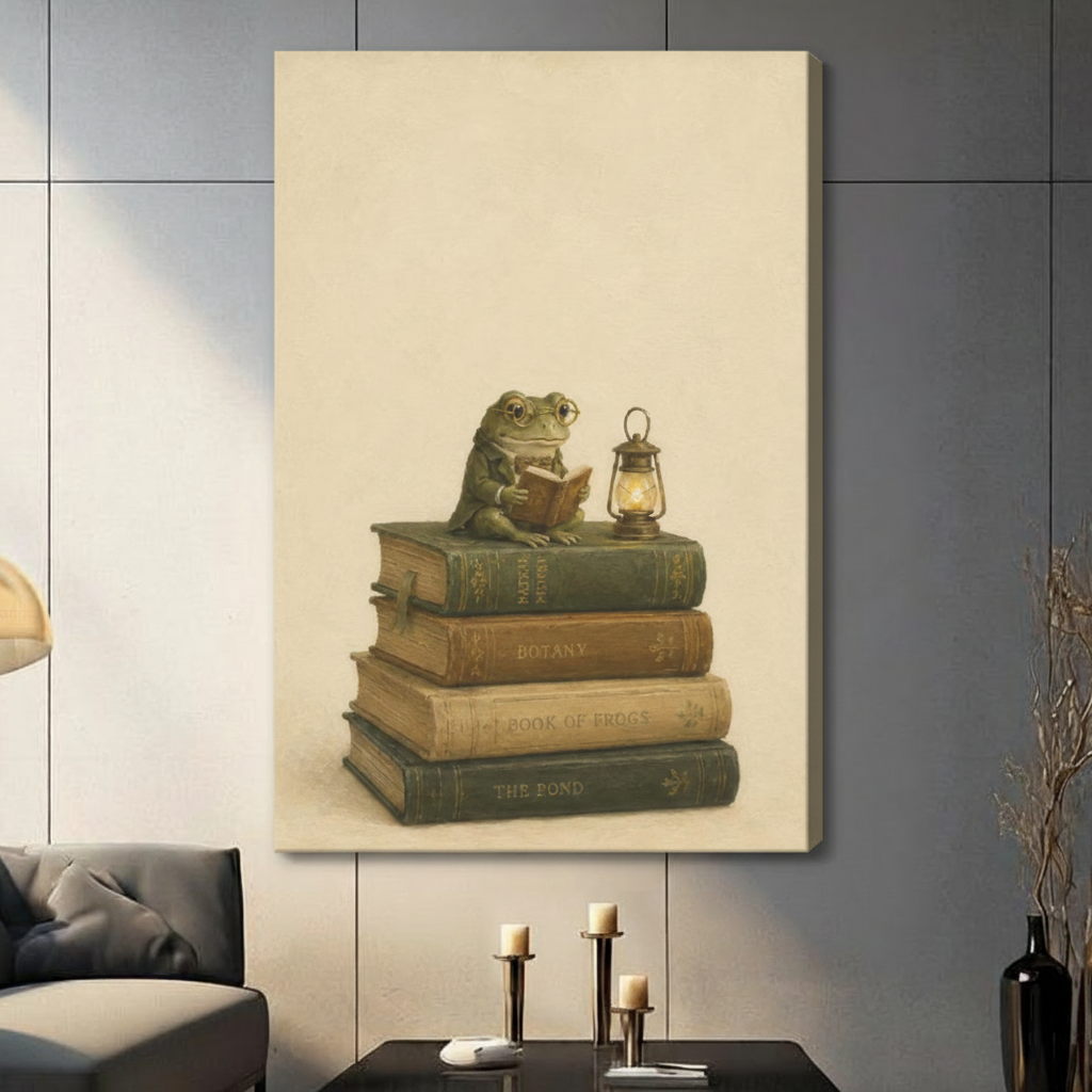 Scholarly Frog Reading Books Vintage Canvas Art