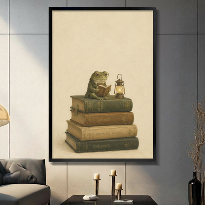 Scholarly Frog Reading Books Vintage Canvas Art