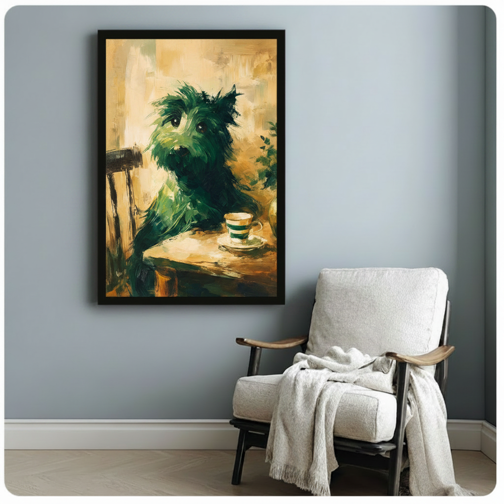 Cozy Green Dog Tea Time Canvas Wall Art