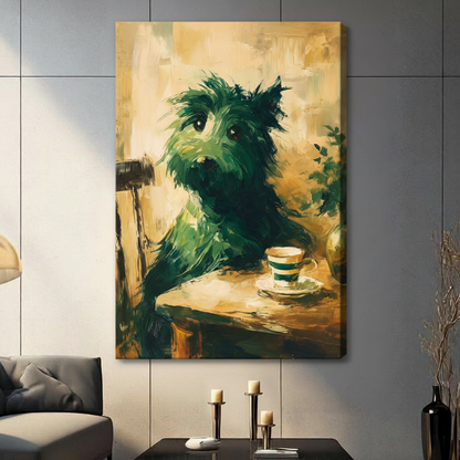 Cozy Green Dog Tea Time Canvas Wall Art