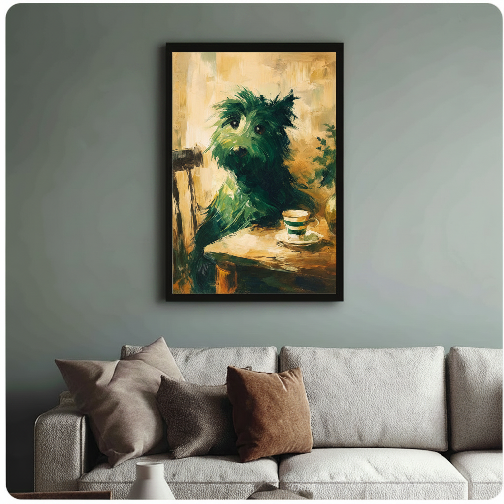 Cozy Green Dog Tea Time Canvas Wall Art