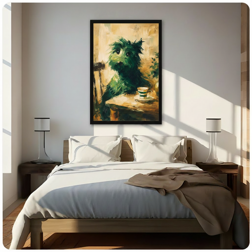 Cozy Green Dog Tea Time Canvas Wall Art