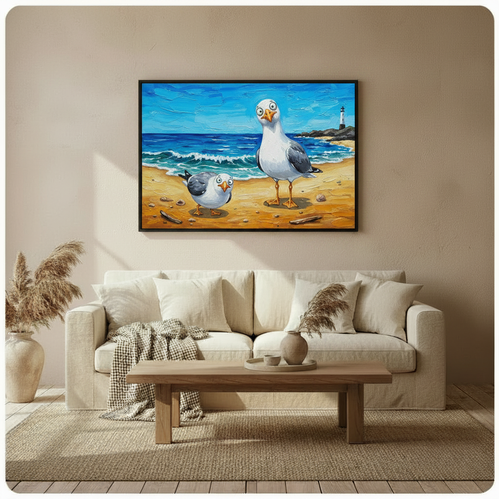 Funny Seagulls Beach Oil Painting Canvas Wall Art