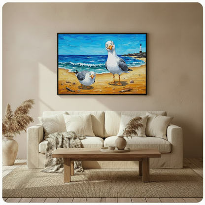 Funny Seagulls Beach Oil Painting Canvas Wall Art