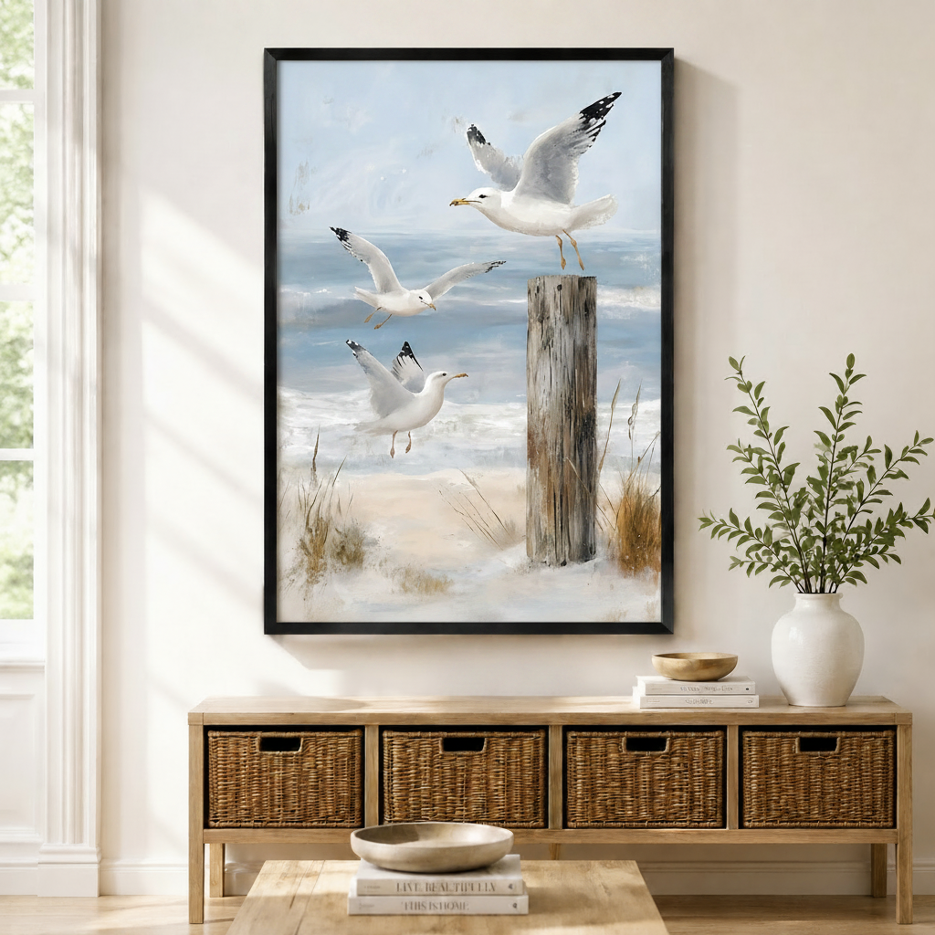 Coastal Seagull Beach Scene Canvas Art Wall Art