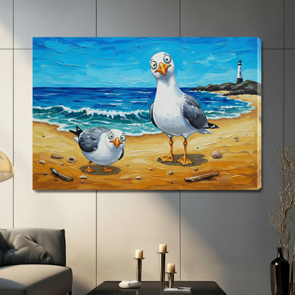Funny Seagulls Beach Oil Painting Canvas Wall Art
