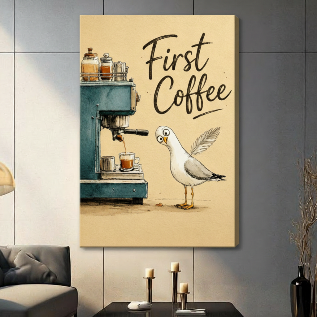 First Coffee Seagull Espresso Canvas Art Wall Art