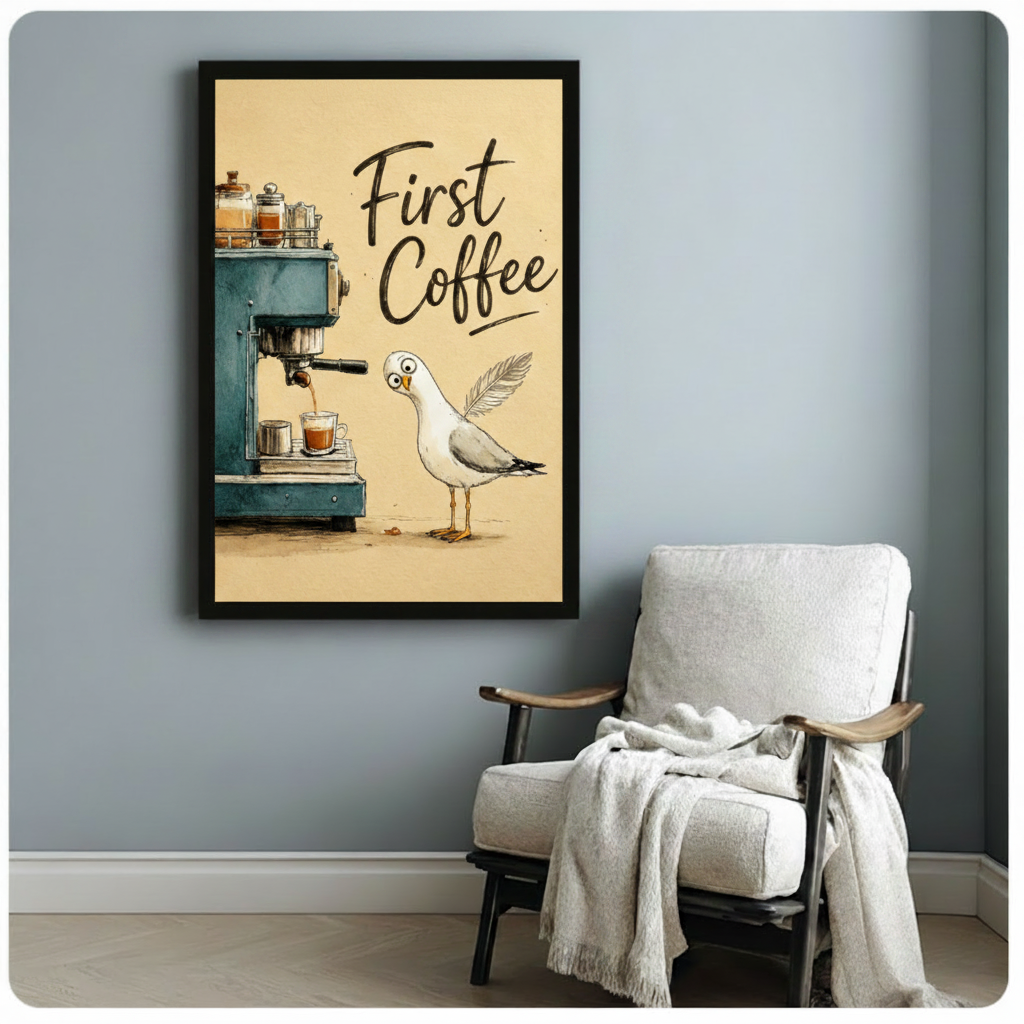 First Coffee Seagull Espresso Canvas Art Wall Art