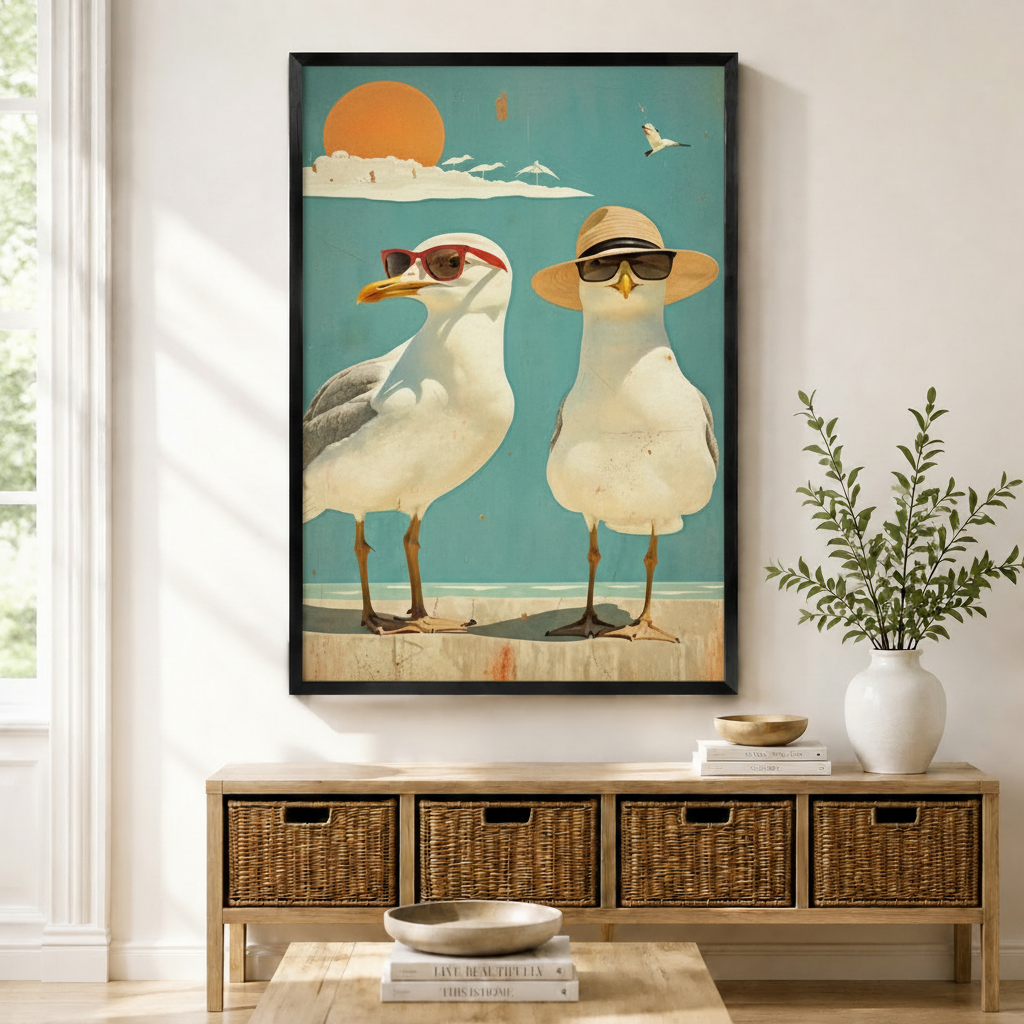Retro Beach Seagulls Sunglasses Canvas Wall Art
