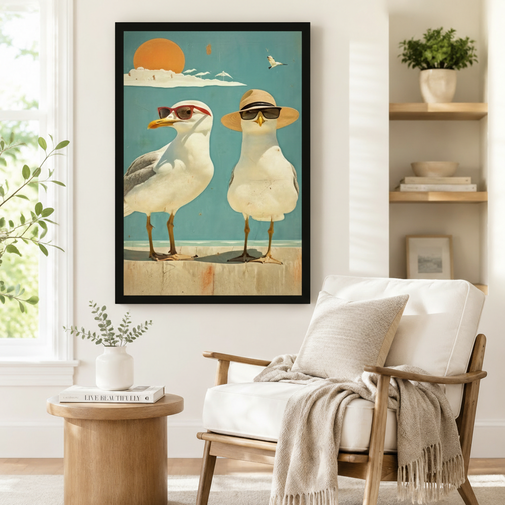Retro Beach Seagulls Sunglasses Canvas Wall Art