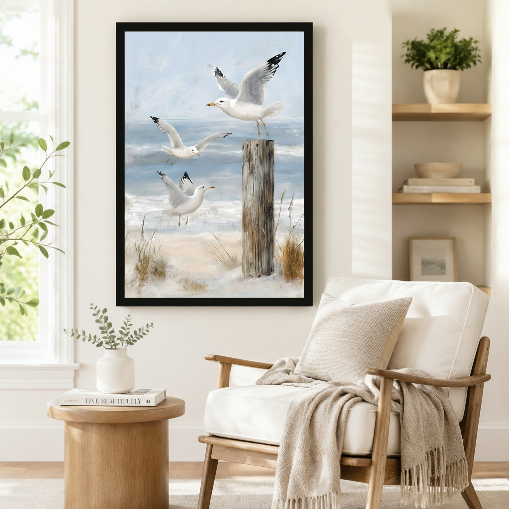 Coastal Seagull Beach Scene Canvas Art Wall Art