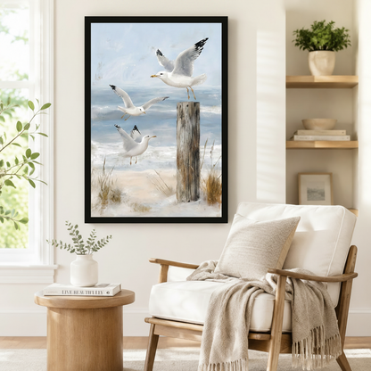 Coastal Seagull Beach Scene Canvas Art Wall Art