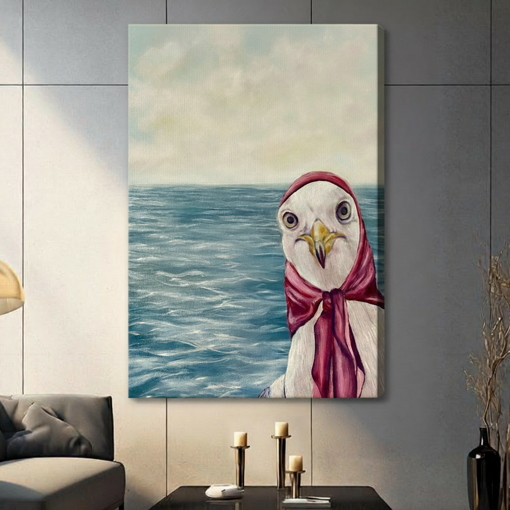 Seagull Red Scarf Ocean Painting Canvas Art Wall Art
