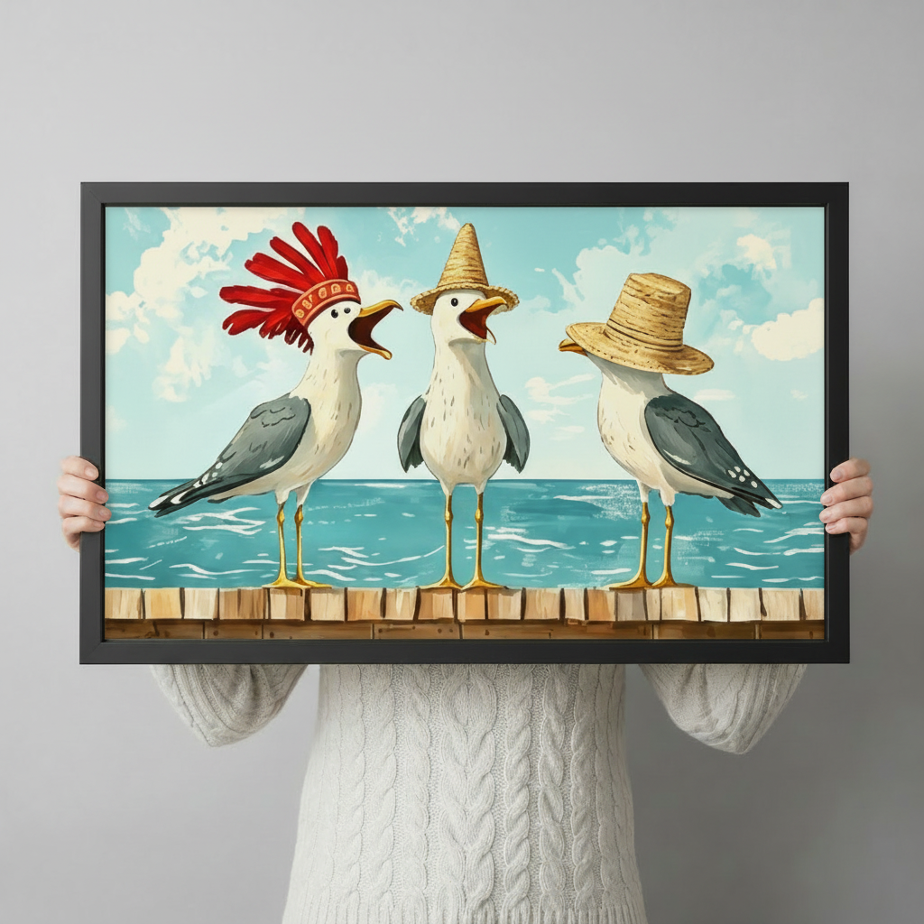 Seagull Hat Party Coastal Canvas Art Wall Art