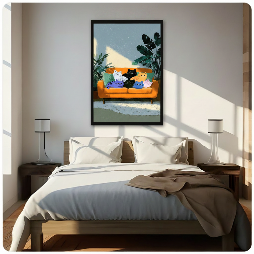 Seven Colorful Cats Orange Sofa Illustration Canvas Print