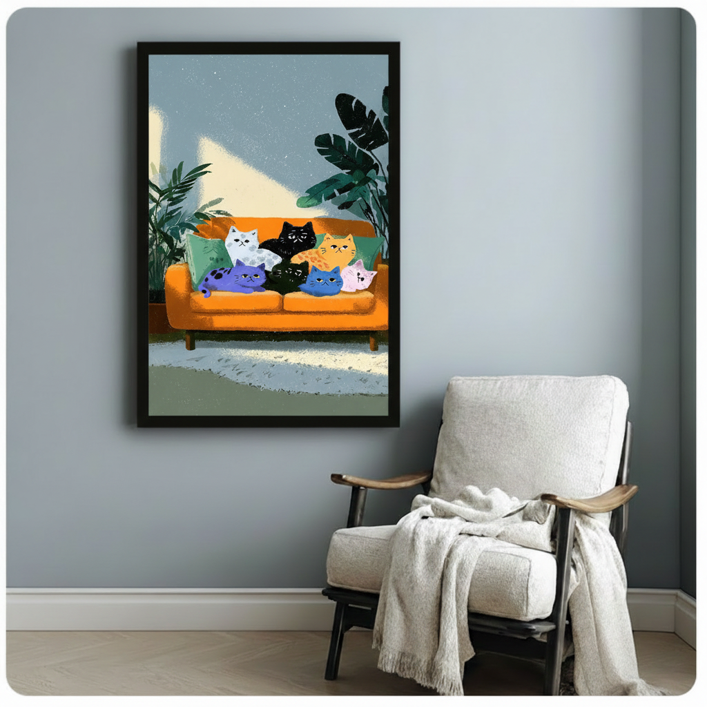 Seven Colorful Cats Orange Sofa Illustration Canvas Print