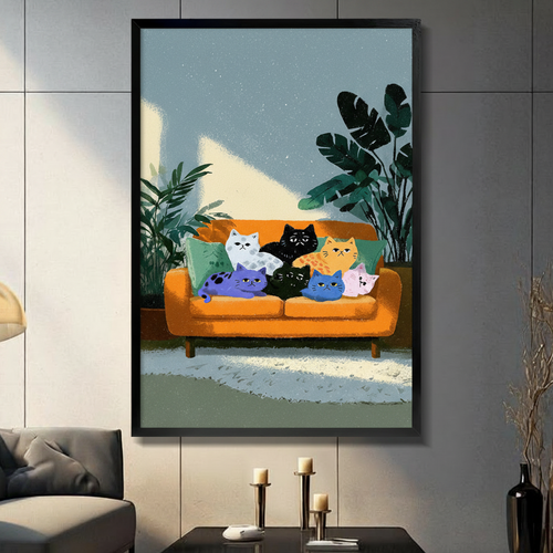 Seven Colorful Cats Orange Sofa Illustration Canvas Print