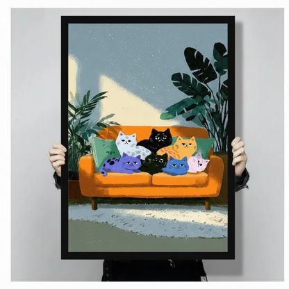 Seven Colorful Cats Orange Sofa Illustration Canvas Print