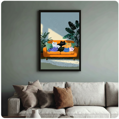 Seven Colorful Cats Orange Sofa Illustration Canvas Print