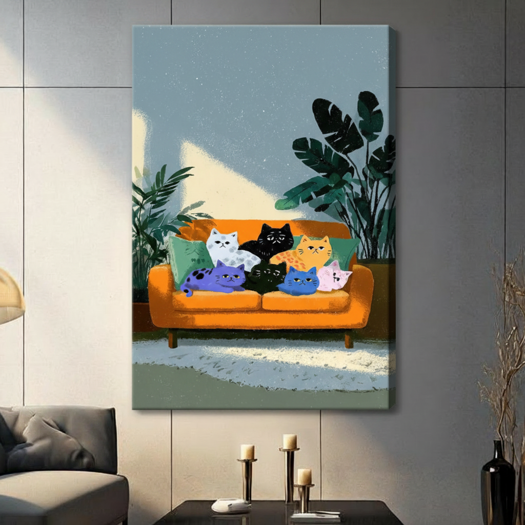 Seven Colorful Cats Orange Sofa Illustration Canvas Print