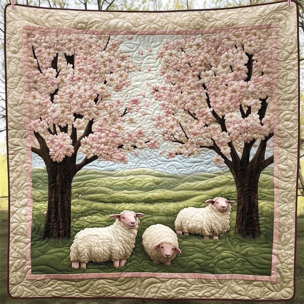 Sheep By The Peachblossom Tree Quilt Blanket