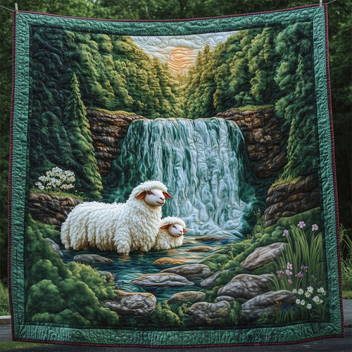 Sheep By The Waterfall Quilt Blanket