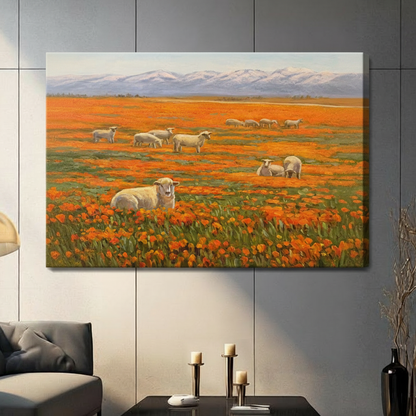 Sheep in Orange Poppy Field Oil Canvas Art Wall Art