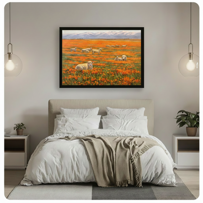 Sheep in Orange Poppy Field Oil Canvas Art Wall Art