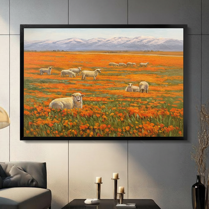 Sheep in Orange Poppy Field Oil Canvas Art Wall Art