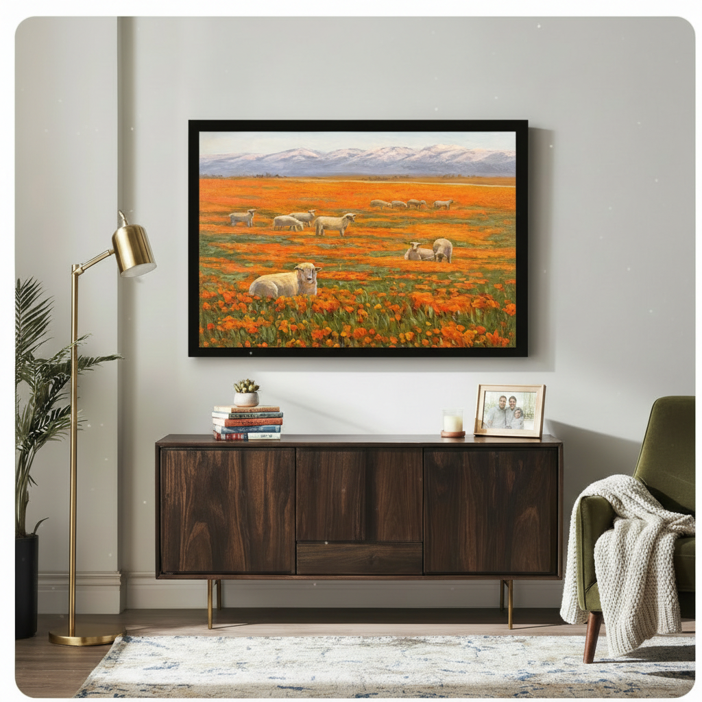 Sheep in Orange Poppy Field Oil Canvas Art Wall Art