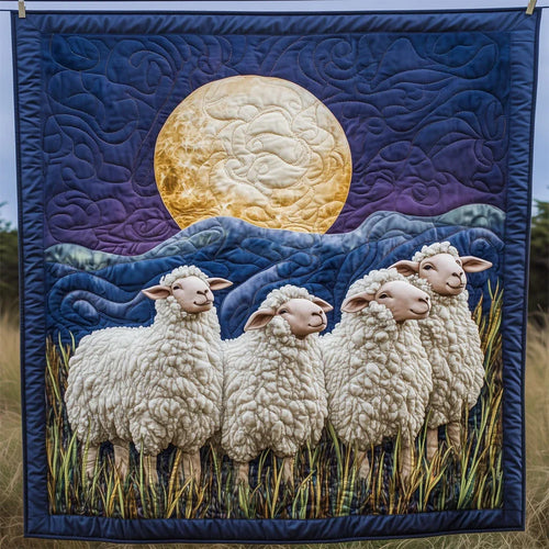 Sheep Under Moonlit Mountain Quilt Blanket