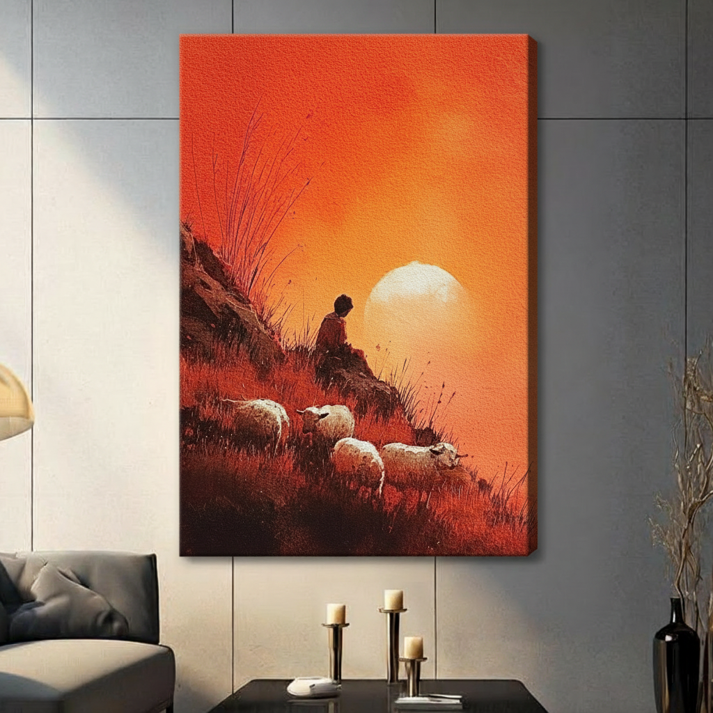 Shepherd Sunset Hillside Sheep Canvas Wall Art
