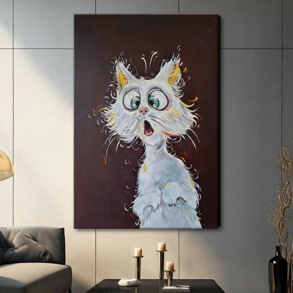 Shocked White Cat Big Eyes Funny Cartoon Oil Painting Canvas Art