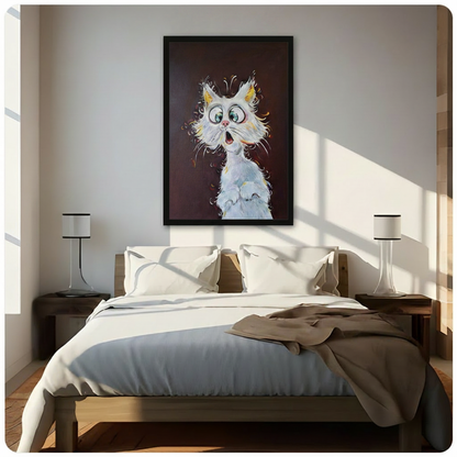 Shocked White Cat Big Eyes Funny Cartoon Oil Painting Canvas Art