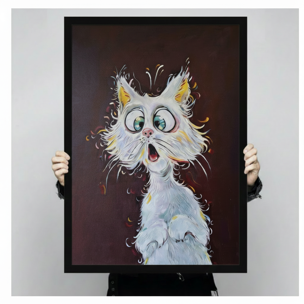 Shocked White Cat Big Eyes Funny Cartoon Oil Painting Canvas Art