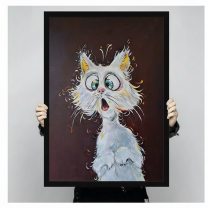 Shocked White Cat Big Eyes Funny Cartoon Oil Painting Canvas Art