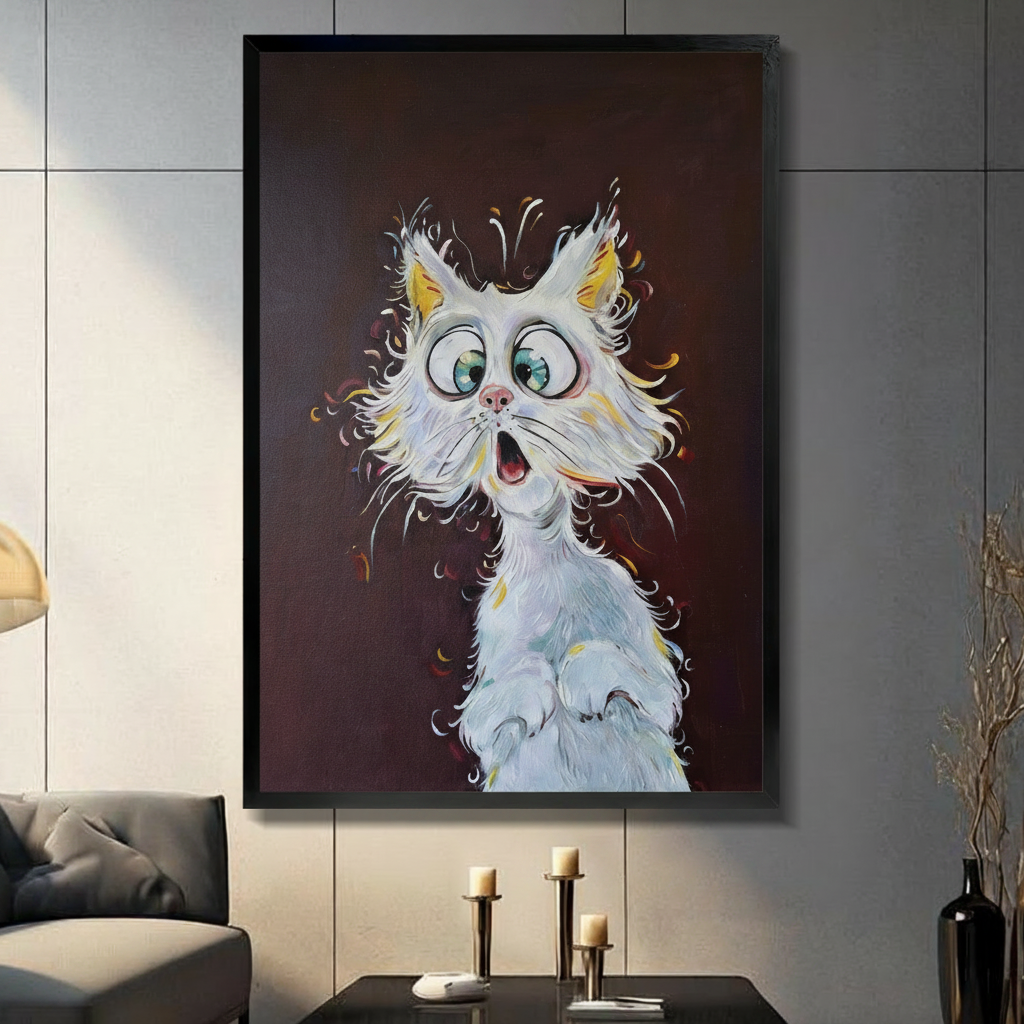 Shocked White Cat Big Eyes Funny Cartoon Oil Painting Canvas Art