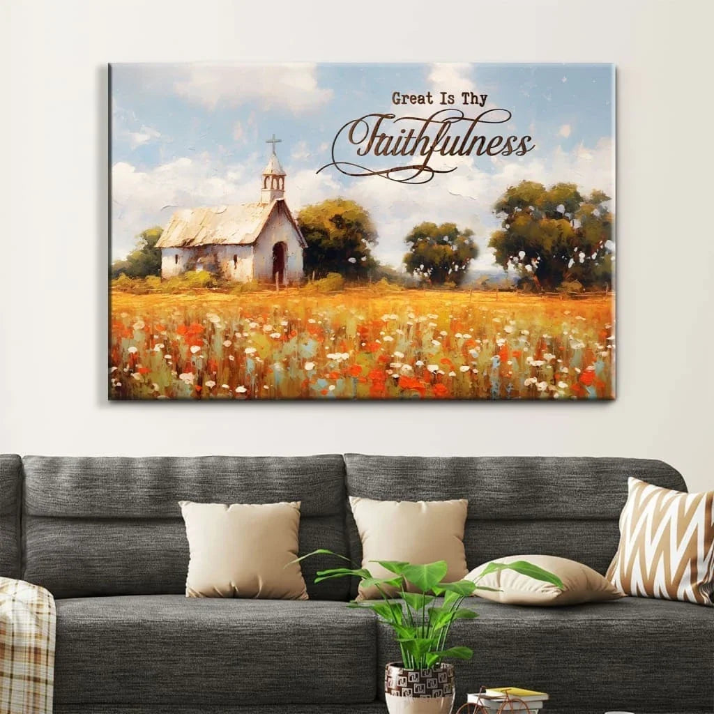 great is thy faithfulness wall art old chapel in a field christian canvas print (Landscape) (view 3)