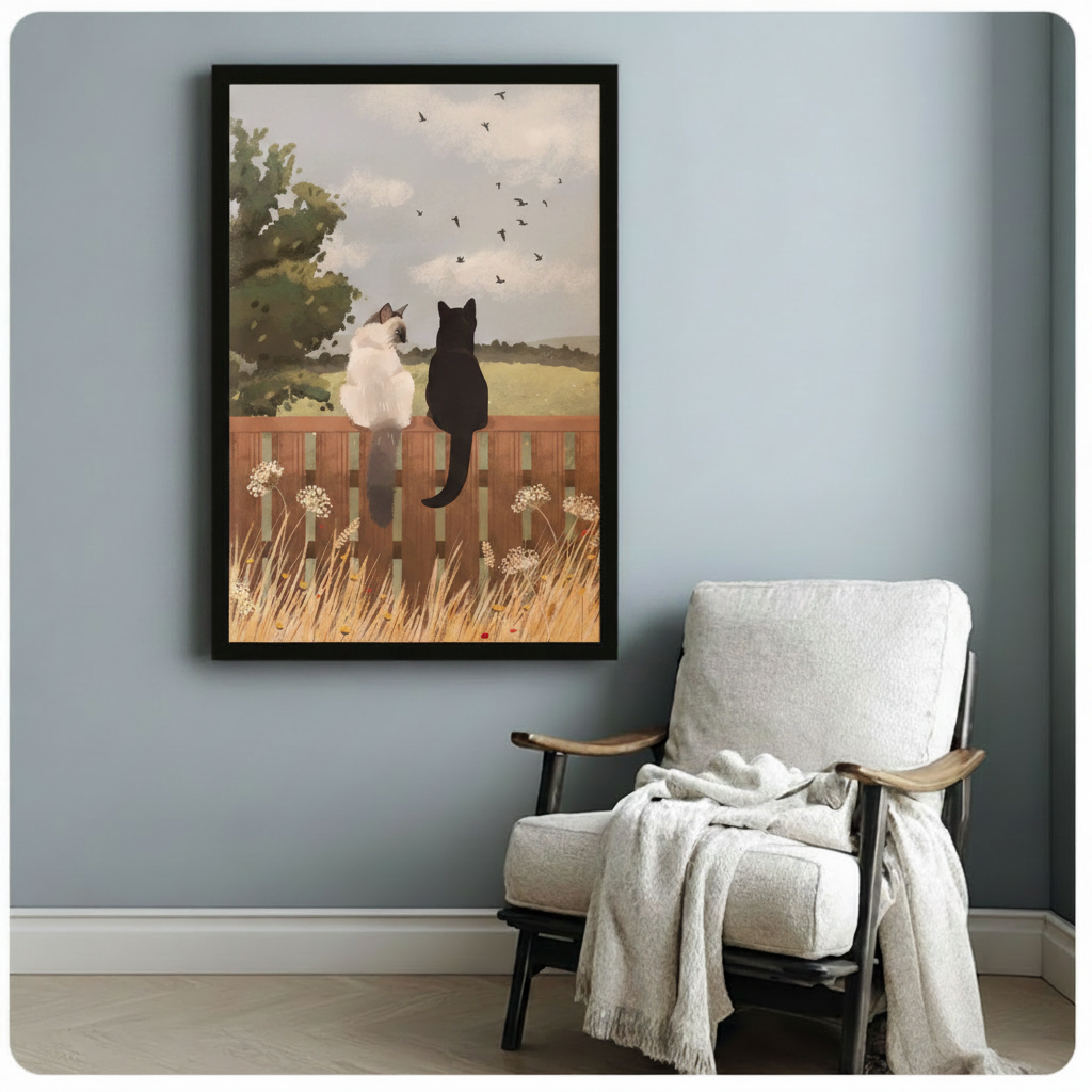 Two Cats Fence Countryside Pastoral Canvas Print