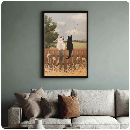 Two Cats Fence Countryside Pastoral Canvas Print