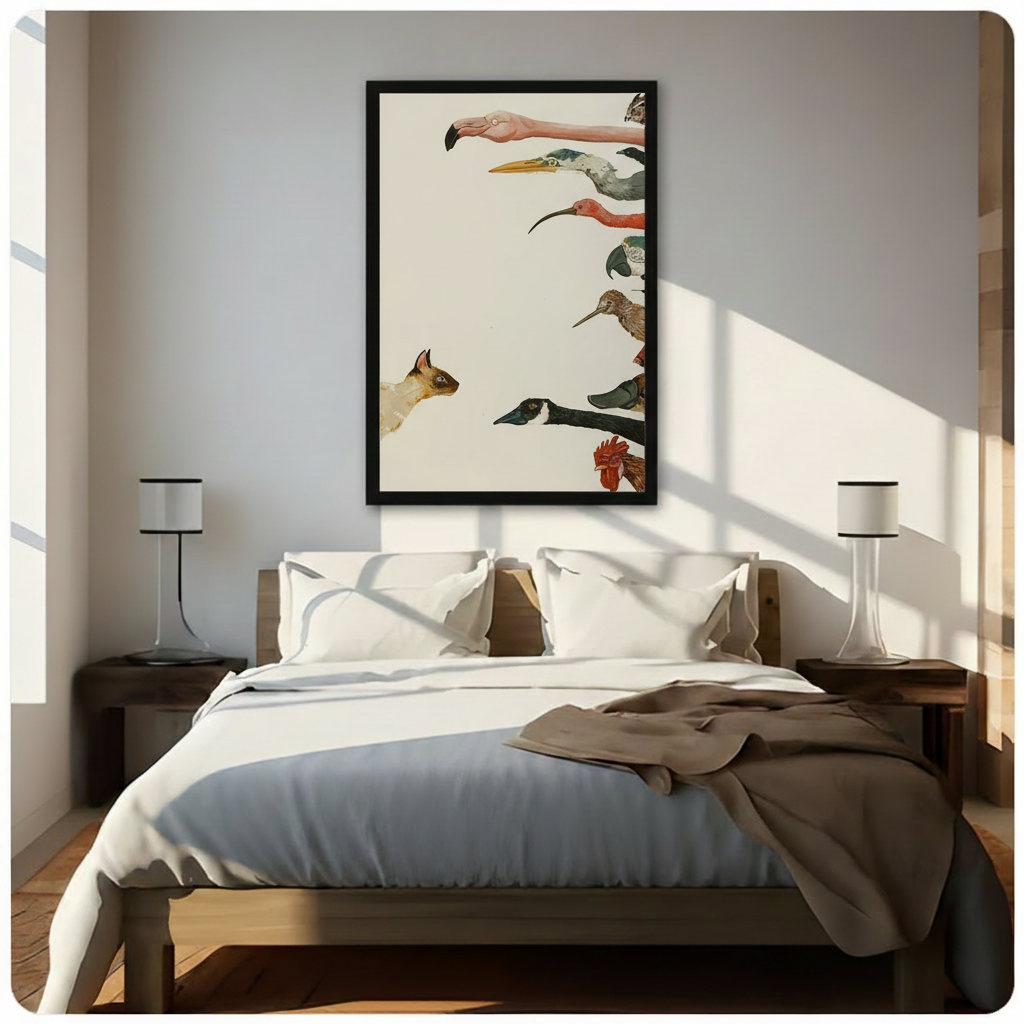 Cat vs Birds Vintage Illustration Canvas Wall Art