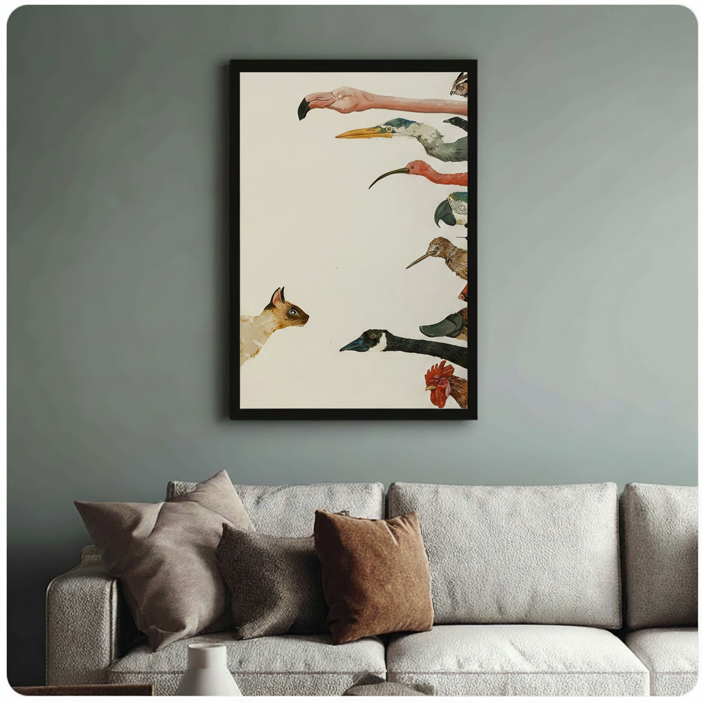 Cat vs Birds Vintage Illustration Canvas Wall Art